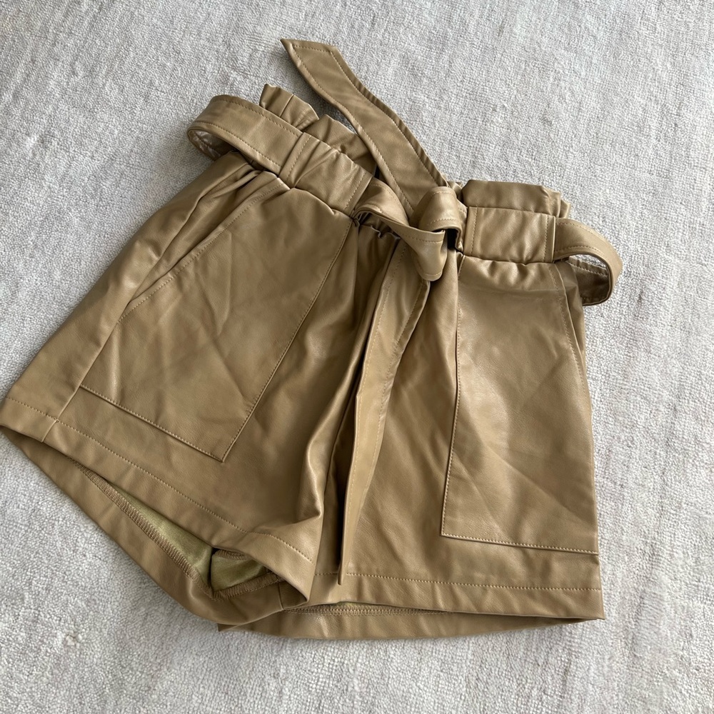 New with Tags Petal & Pup Taupe Faux Leather High Waisted Shorts with Tie Size S